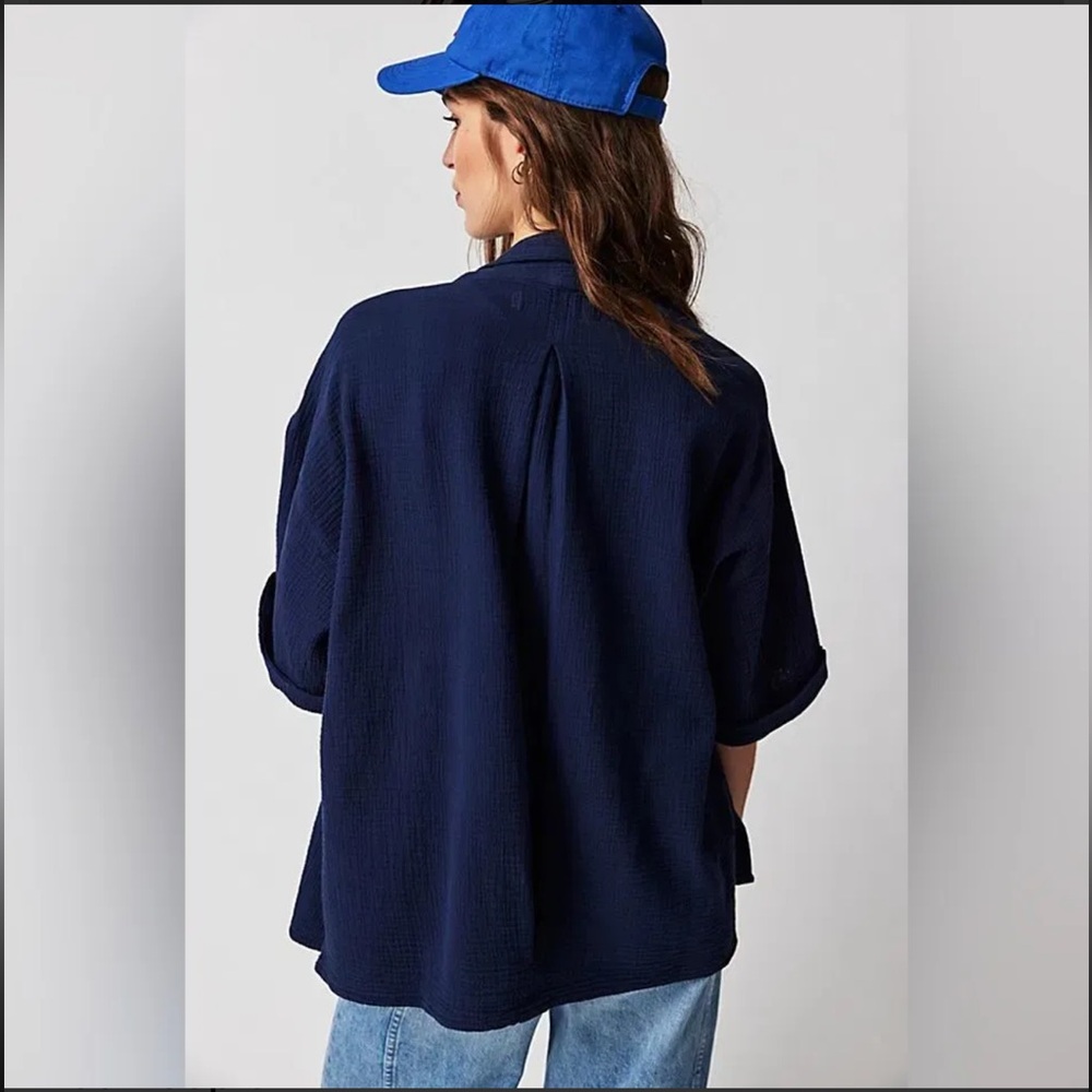 We The Free Lou Blazer Shirt Navy Blue Oversized Slouchy Cardigan Boho Cotton S - Picture 4 of 16